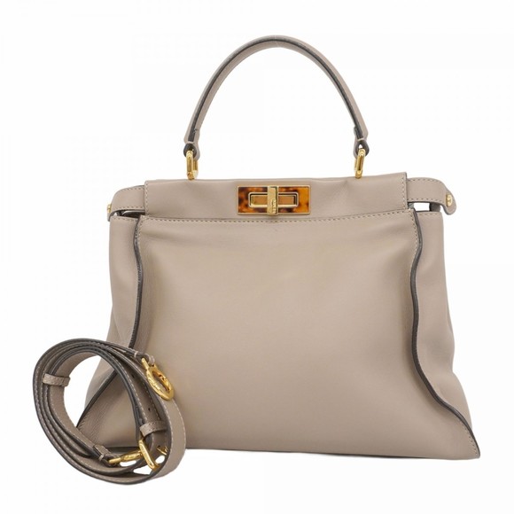 Fendi Peekaboo Leather Handbag, Beige, Women's - Picture 1 of 14